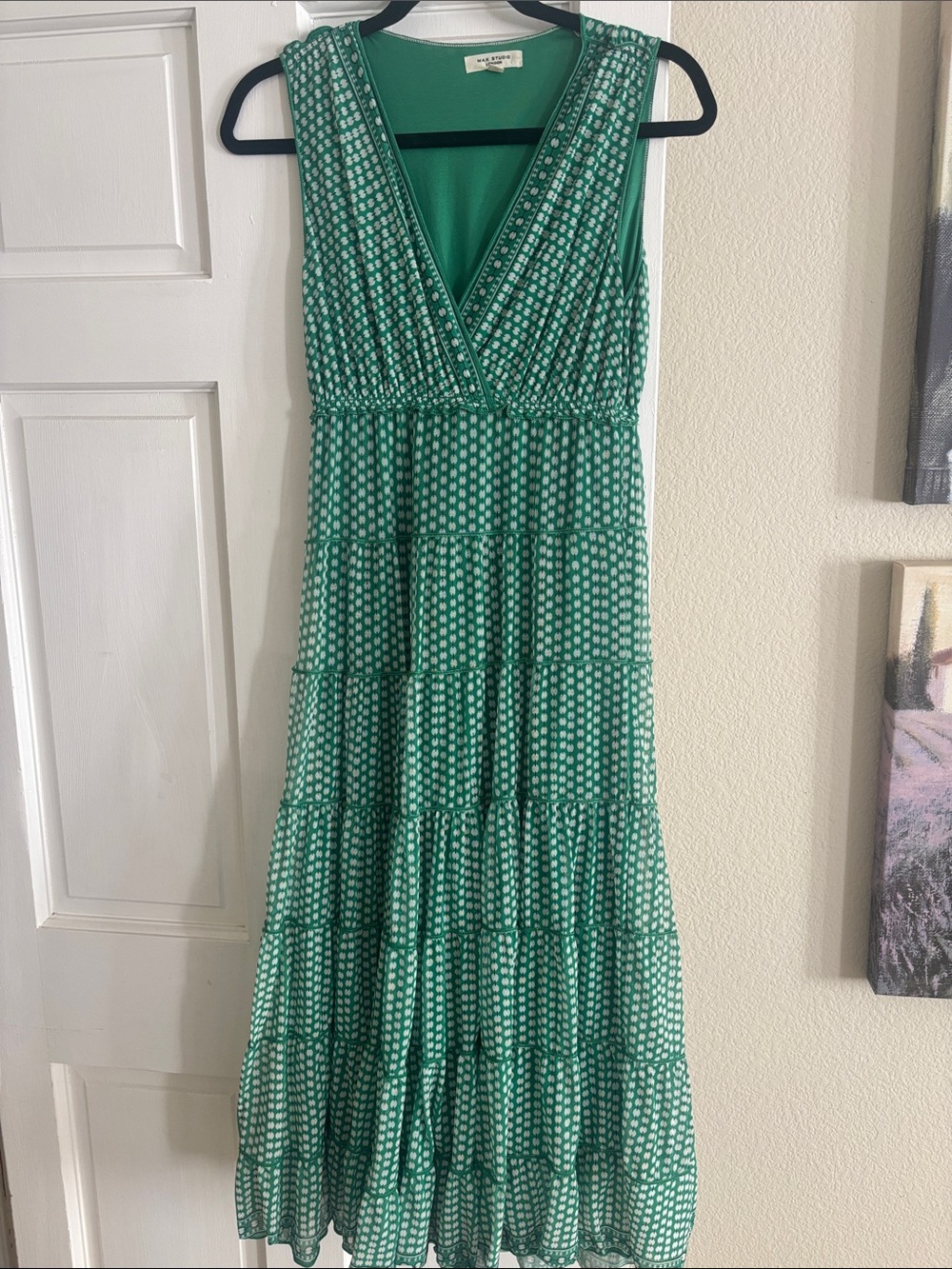 Max Studio Green Polka-Dot Tiered V-Neck Maxi Dress